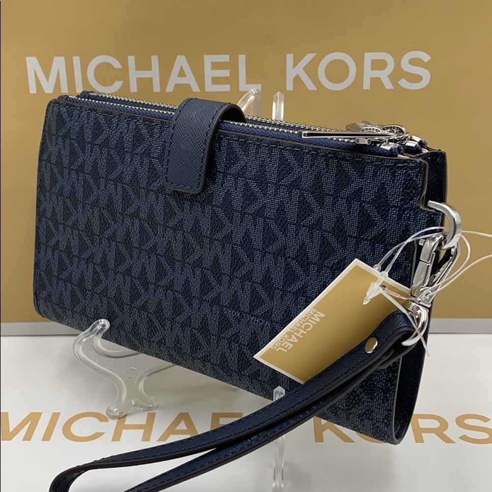 MICHAEL KORS JET SET TRAVEL LG DOUBLE ZIP WRISTLET PHONE HOLDER ADMIRAL NWT - Picture 7 of 16